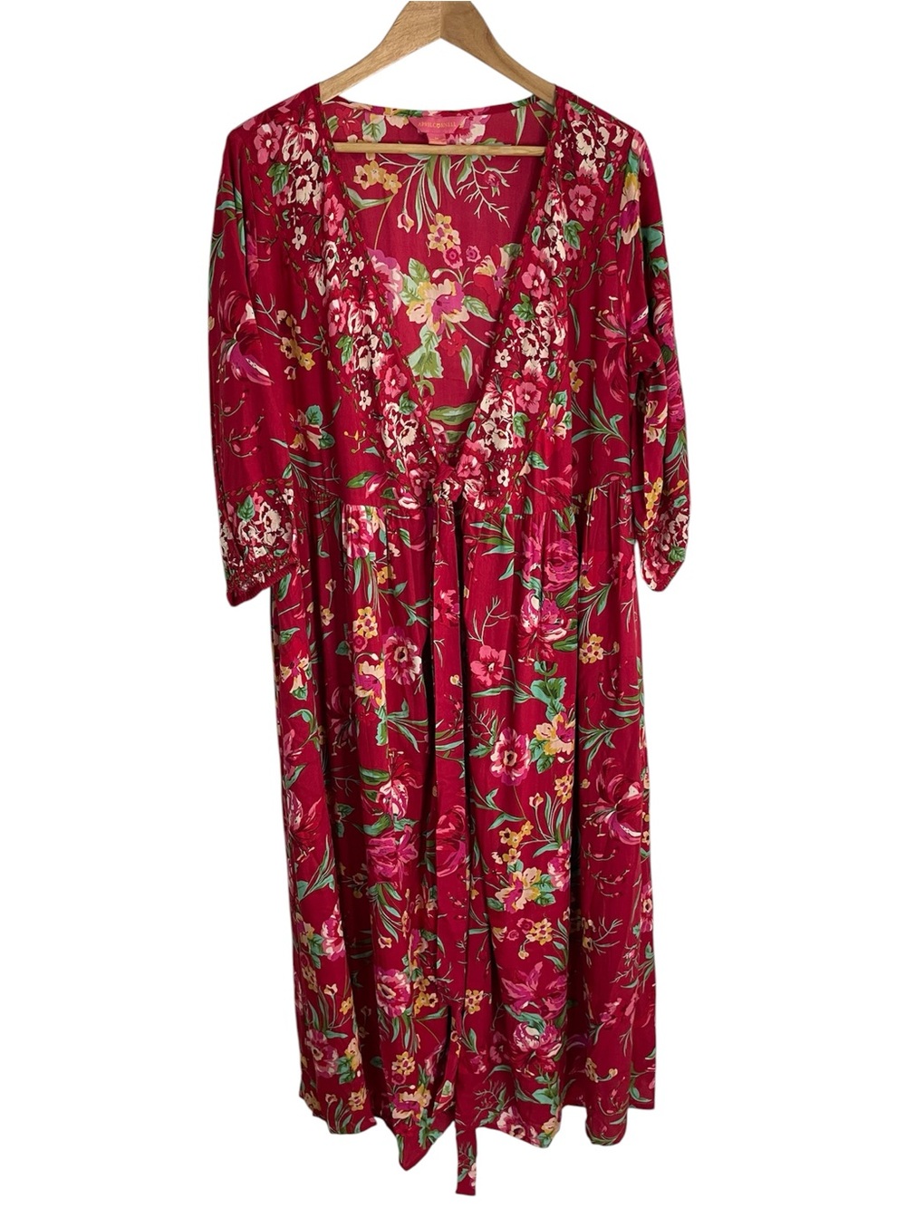April Cornell Red Floral V Neck Milkweed Dress with Green Accents Size Medium